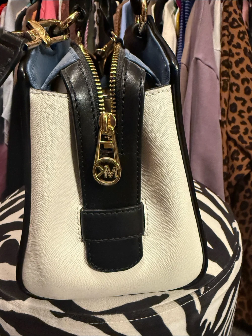 Michael Kors Light Blue and Black Dome Satchel with Gold Hardware